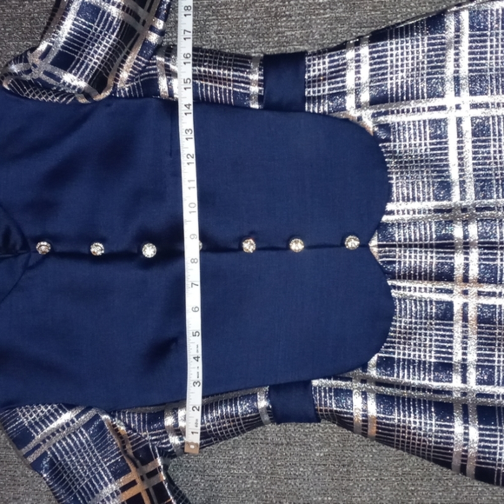 💙VTG 1960s Oscar de la Renta💙 - Navy Silk & Silver Metallic Plaid Mod Dress - Picture 14 of 16